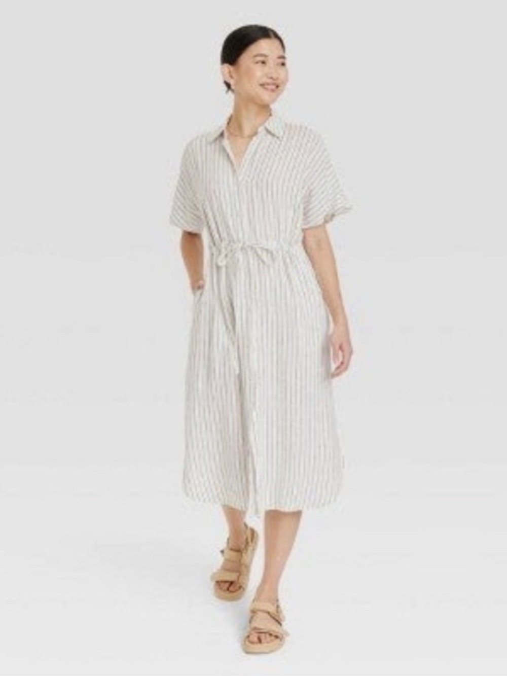 Short Sleeve Linen Blend Midi Shirtdress - A New Day Cream Striped Sm/Med